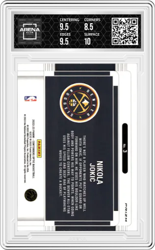 Nikola Jokic from the 2022-23 Panini Contenders Optic set featuring a Red Cracked Ice parallel graded by Arena Club and given an overall grade of 9.