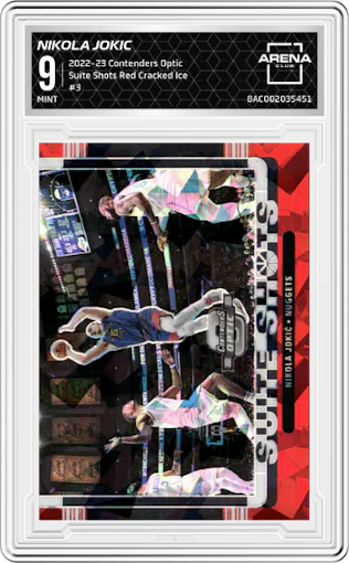 Nikola Jokic from the 2022-23 Panini Contenders Optic set featuring a Red Cracked Ice parallel graded by Arena Club and given an overall grade of 9.