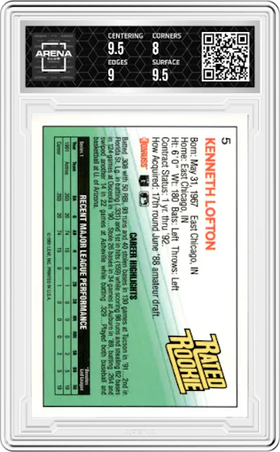 Kenny Lofton from the 1992 Donruss set graded by Arena Club and given an overall grade of 8.5.