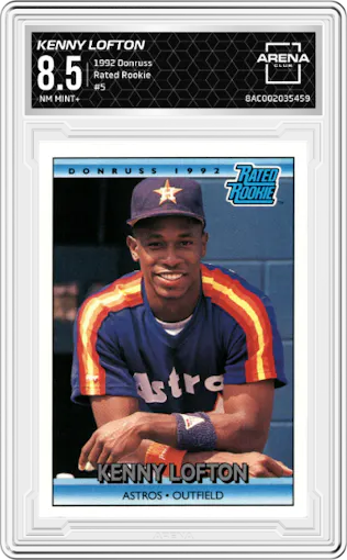 Kenny Lofton from the 1992 Donruss set graded by Arena Club and given an overall grade of 8.5.