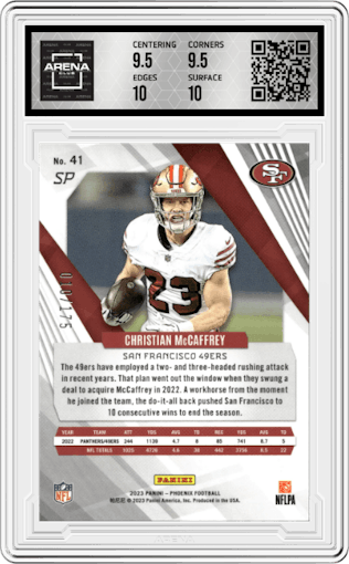 Christian McCaffrey from the 2023 Panini Phoenix set featuring a Pink parallel graded by Arena Club and given an overall grade of 10.