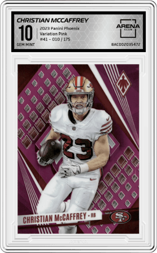Christian McCaffrey from the 2023 Panini Phoenix set featuring a Pink parallel graded by Arena Club and given an overall grade of 10.