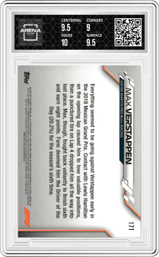 Max Verstappen from the 2020 Topps Chrome F1  set graded by Arena Club and given an overall grade of 9.5.