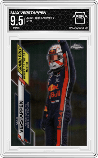 Max Verstappen from the 2020 Topps Chrome F1  set graded by Arena Club and given an overall grade of 9.5.