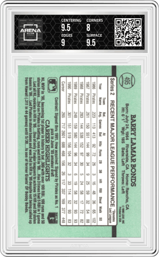 Barry Bonds from the 1991 Donruss set featuring a Variation parallel graded by Arena Club and given an overall grade of 8.5.