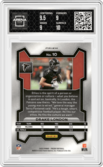Drake London from the 2023 Panini Prizm set featuring a Disco parallel graded by Arena Club and given an overall grade of 9.5.