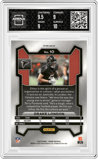 Drake London from the 2023 Panini Prizm set featuring a Disco parallel graded by Arena Club and given an overall grade of 9.5.