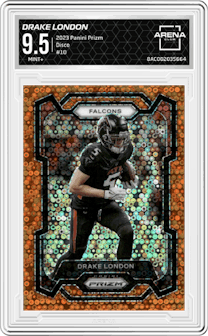 Drake London from the 2023 Panini Prizm set featuring a Disco parallel graded by Arena Club and given an overall grade of 9.5.
