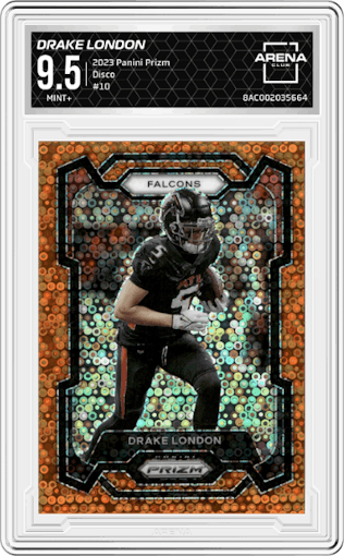 Drake London from the 2023 Panini Prizm set featuring a Disco parallel graded by Arena Club and given an overall grade of 9.5.