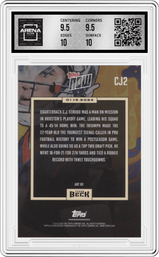 CJ Stroud from the 2023 Topps Now set graded by Arena Club and given an overall grade of 10.