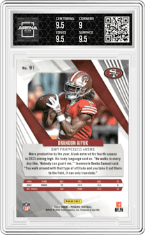 Brandon Aiyuk from the 2023 Panini Phoenix set graded by Arena Club and given an overall grade of 9.5.