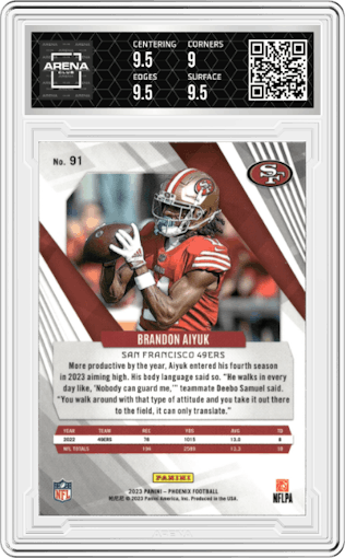 Brandon Aiyuk from the 2023 Panini Phoenix set graded by Arena Club and given an overall grade of 9.5.