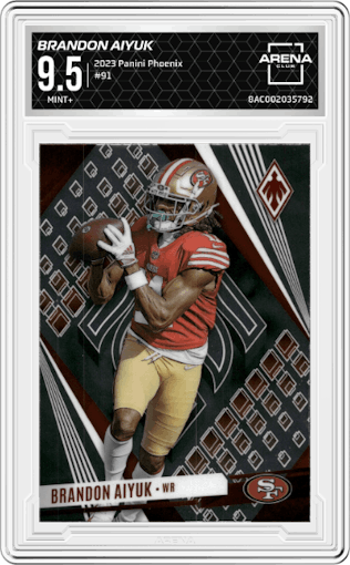Brandon Aiyuk from the 2023 Panini Phoenix set graded by Arena Club and given an overall grade of 9.5.