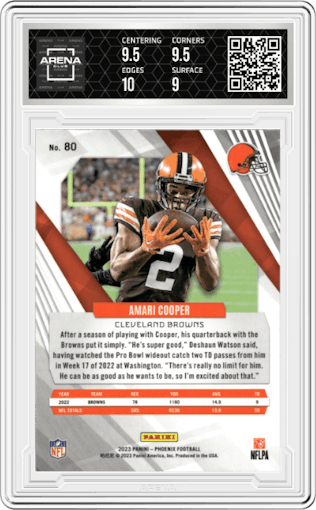 Amari Cooper from the 2023 Panini Phoenix set graded by Arena Club and given an overall grade of 9.5.