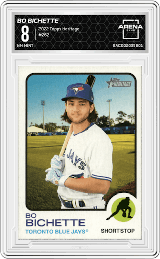 Bo Bichette from the 2022 Topps Heritage set graded by Arena Club and given an overall grade of 8.