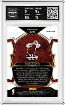 Nikola Jovic from the 2022-23 Panini Select set featuring a Red Cracked Ice parallel graded by Arena Club and given an overall grade of 9.5.