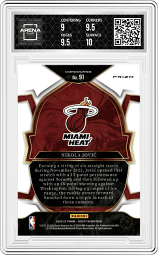 Nikola Jovic from the 2022-23 Panini Select set featuring a Red Cracked Ice parallel graded by Arena Club and given an overall grade of 9.5.