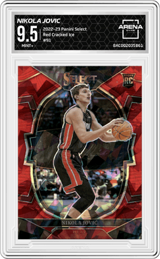 Nikola Jovic from the 2022-23 Panini Select set featuring a Red Cracked Ice parallel graded by Arena Club and given an overall grade of 9.5.