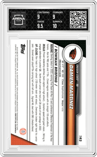 Damien Martinez from the 2023 Bowman Chrome University Sapphire Edition set graded by Arena Club and given an overall grade of 9.5.