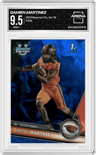 Damien Martinez from the 2023 Bowman Chrome University Sapphire Edition set graded by Arena Club and given an overall grade of 9.5.