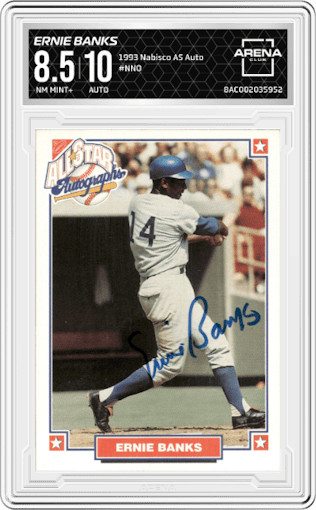 Ernie Banks from the 1993 Nabisco All-Star Autographs set graded by Arena Club and given an overall grade of 8.5.