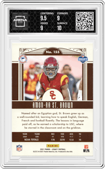 Amon-Ra St. Brown from the 2021 Panini Legacy set graded by Arena Club and given an overall grade of 9.5.