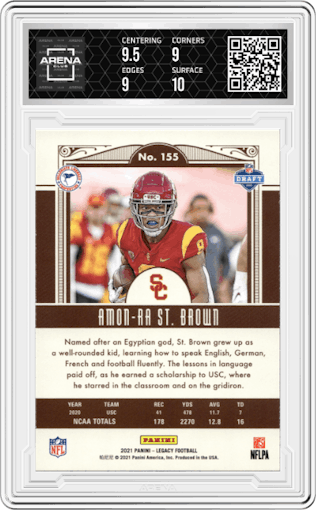 Amon-Ra St. Brown from the 2021 Panini Legacy set graded by Arena Club and given an overall grade of 9.5.