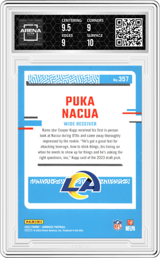 Puka Nacua from the 2023 Panini Donruss set graded by Arena Club and given an overall grade of 9.5.