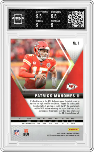 Patrick Mahomes II from the 2020 Panini Mosaic set graded by Arena Club and given an overall grade of 9.5.