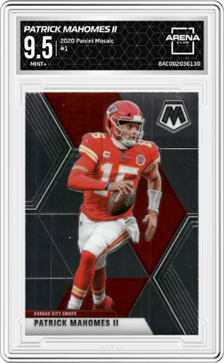 Patrick Mahomes II from the 2020 Panini Mosaic set graded by Arena Club and given an overall grade of 9.5.