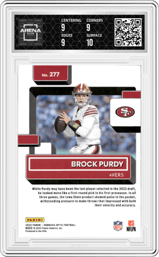 Brock Purdy from the 2022 Panini Donruss Optic set graded by Arena Club and given an overall grade of 9.5.