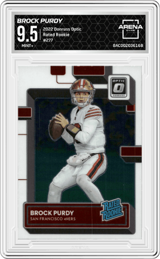 Brock Purdy from the 2022 Panini Donruss Optic set graded by Arena Club and given an overall grade of 9.5.