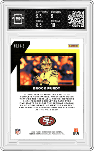 Brock Purdy from the 2022 Panini Chronicles set graded by Arena Club and given an overall grade of 9.