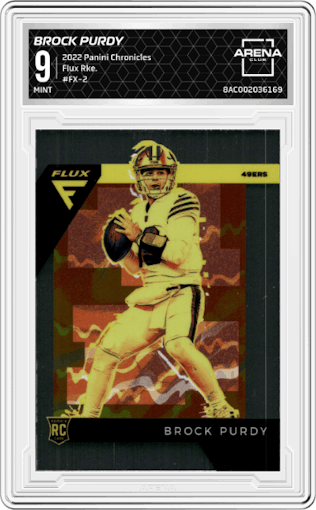 Brock Purdy from the 2022 Panini Chronicles set graded by Arena Club and given an overall grade of 9.