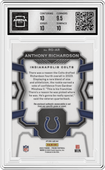 Anthony Richardson from the 2023 Panini Prizm set graded by Arena Club and given an overall grade of 10.