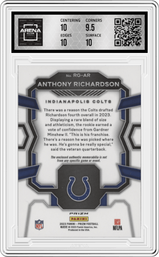 Anthony Richardson from the 2023 Panini Prizm set graded by Arena Club and given an overall grade of 10.