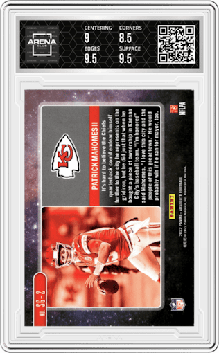 Patrick Mahomes II from the 2022 Panini Absolute set featuring a Green Spectrum parallel graded by Arena Club and given an overall grade of 9.
