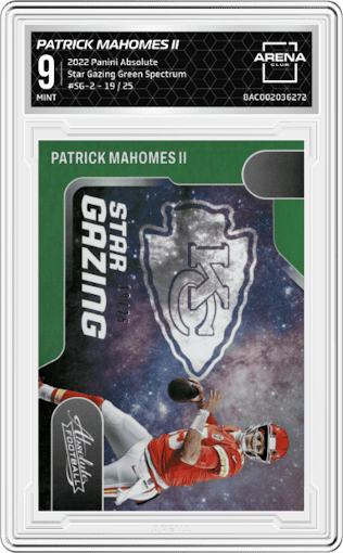 Patrick Mahomes II from the 2022 Panini Absolute set featuring a Green Spectrum parallel graded by Arena Club and given an overall grade of 9.
