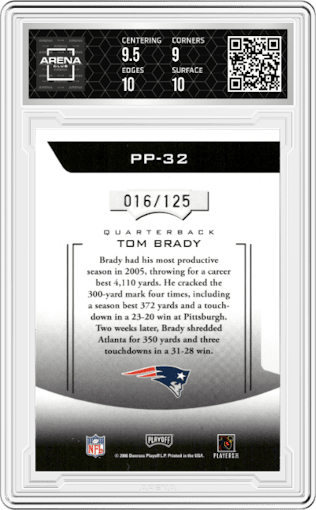 Tom Brady from the 2006 Playoff Prestige set featuring a Black parallel graded by Arena Club and given an overall grade of 9.5.