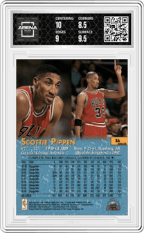 Scottie Pippen from the 1996-97 Topps Stars set featuring a Refractor parallel graded by Arena Club and given an overall grade of 9.