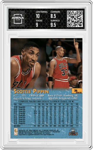 Scottie Pippen from the 1996-97 Topps Stars set featuring a Refractor parallel graded by Arena Club and given an overall grade of 9.