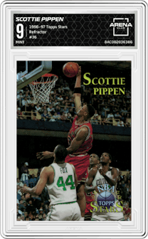Scottie Pippen from the 1996-97 Topps Stars set featuring a Refractor parallel graded by Arena Club and given an overall grade of 9.