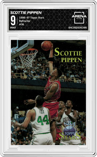 Scottie Pippen from the 1996-97 Topps Stars set featuring a Refractor parallel graded by Arena Club and given an overall grade of 9.