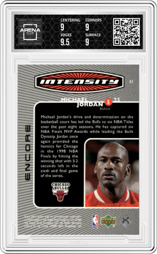 Michael Jordan from the 1998-99 Upper Deck Encore set graded by Arena Club and given an overall grade of 9.