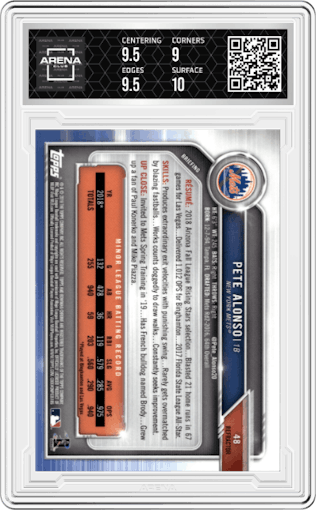 Pete Alonso from the 2019 Bowman Chrome set featuring a Refractor parallel graded by Arena Club and given an overall grade of 9.5.