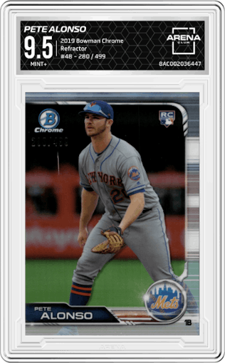 Pete Alonso from the 2019 Bowman Chrome set featuring a Refractor parallel graded by Arena Club and given an overall grade of 9.5.