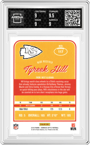 Tyreek Hill from the 2016 Panini Donruss Optic set graded by Arena Club and given an overall grade of 9.