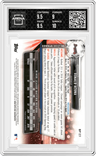 Ronald Acuna from the 2017 Bowman set graded by Arena Club and given an overall grade of 9.5.