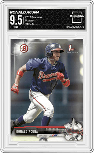 Ronald Acuna from the 2017 Bowman set graded by Arena Club and given an overall grade of 9.5.