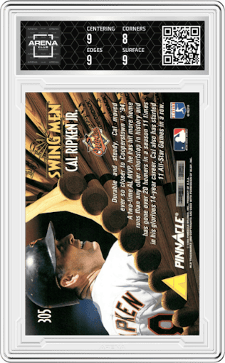 Cal Ripken Jr. from the 1995 Pinnacle set featuring a Artist's Proof parallel graded by Arena Club and given an overall grade of 8.5.